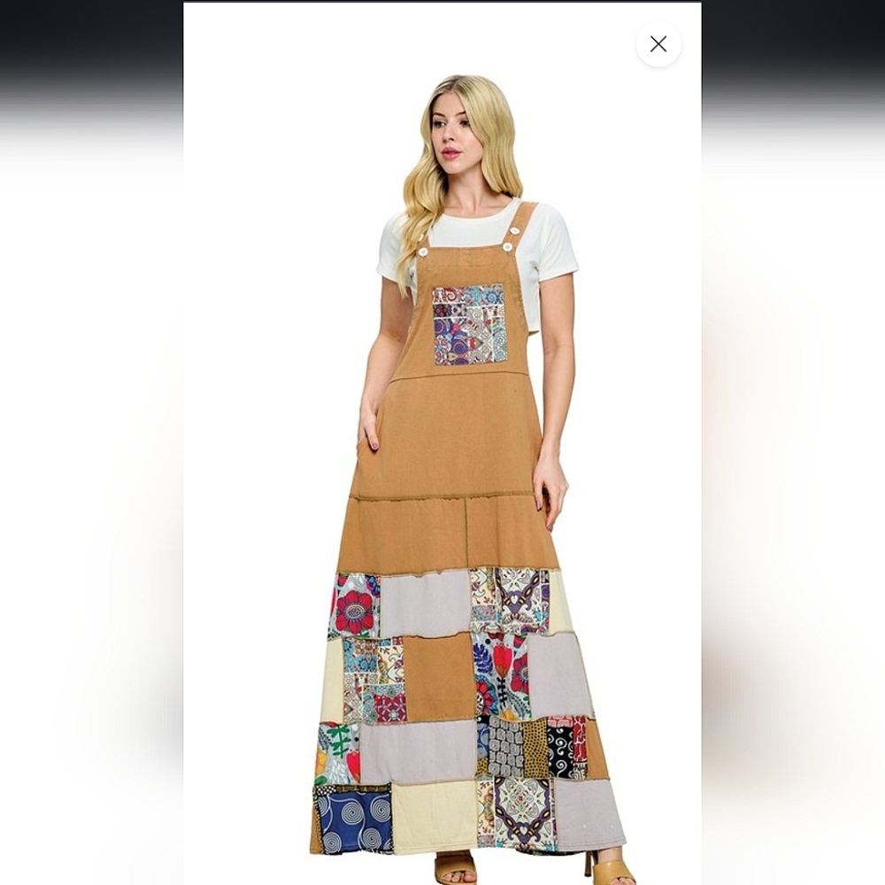 Camel Patchwork Maxi Pinafore Dress